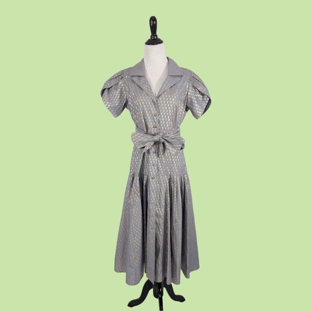 Alexis Haylee Gray Gold Shirt Dress Tie Waist Belt M